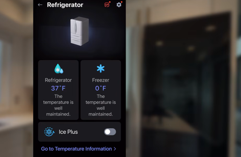 LG ThinQ app screen showing refrigerator set to 37 degrees Fahrenheit and freezer set to 0 degrees