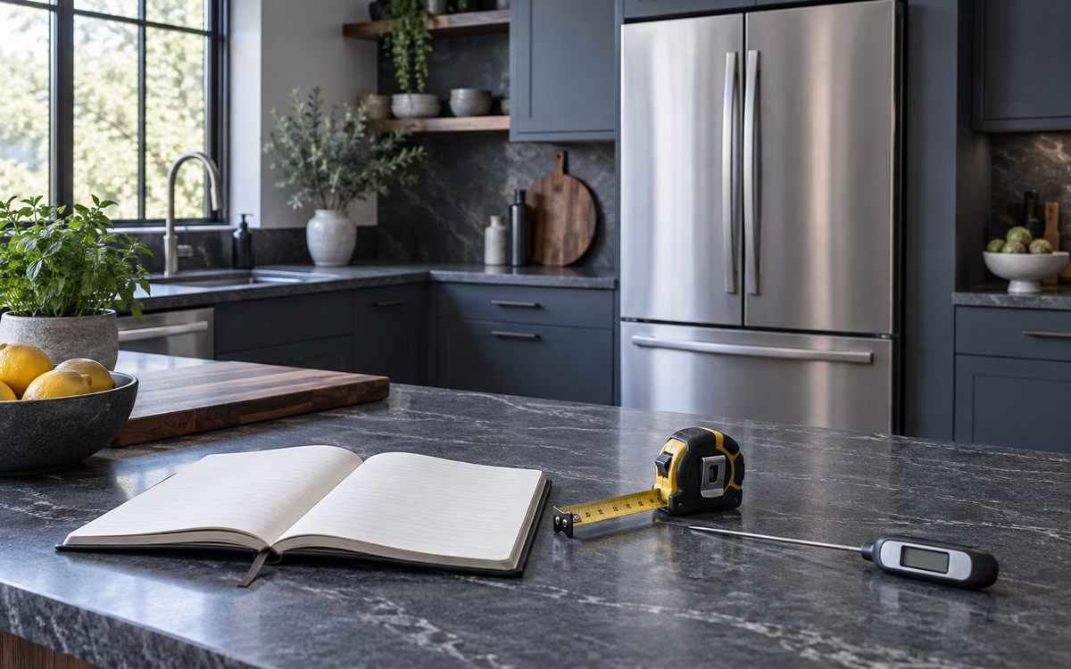 Refrigerator research notebook and tape measure in an illustrative kitchen