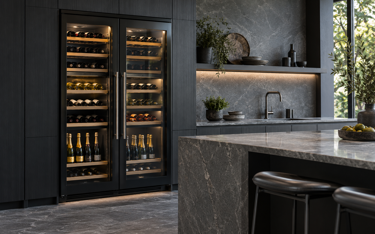 Two glass-door wine and champagne refrigerators in an illustrative kitchen